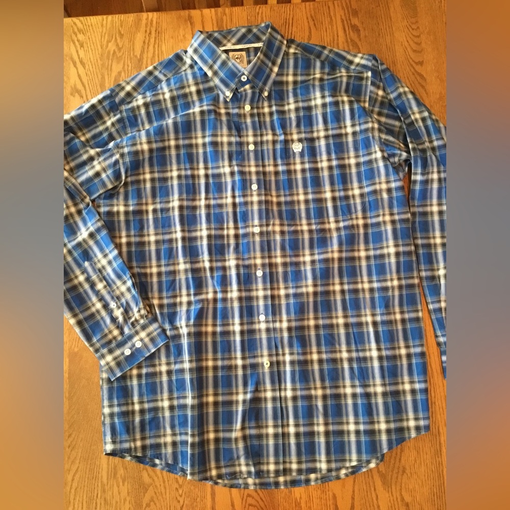 Men’s Cinch Blue Plaid Long-Sleeve Button-Down Shirt, Large